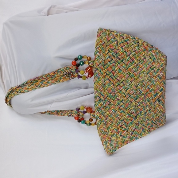 Cappelli Beach Tote, multicolor straw strands, braided, beaded handles 18x9x6 - Picture 1 of 7